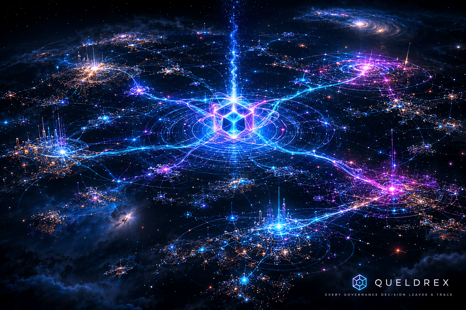 The Queldrex governance constellation: every decision leaves a trace